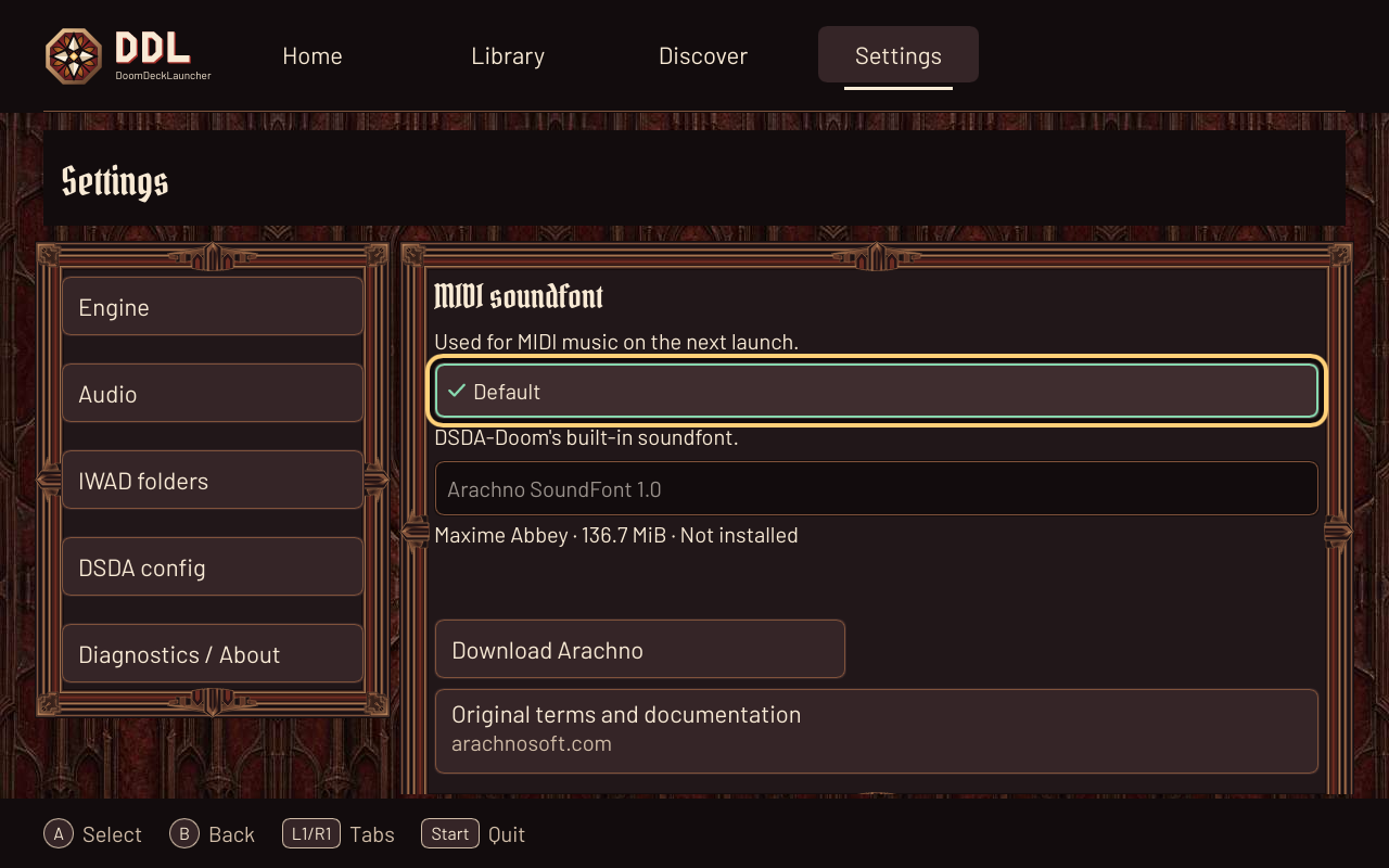 Audio settings with the default MIDI soundfont selected and an optional Arachno download.
