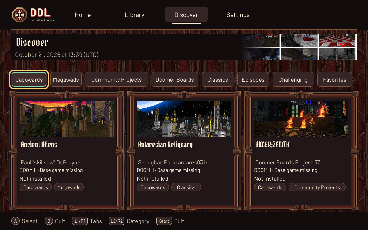 The launcher’s Discover view, with community mapset cards, the category strip, the catalog source date and controller prompts.