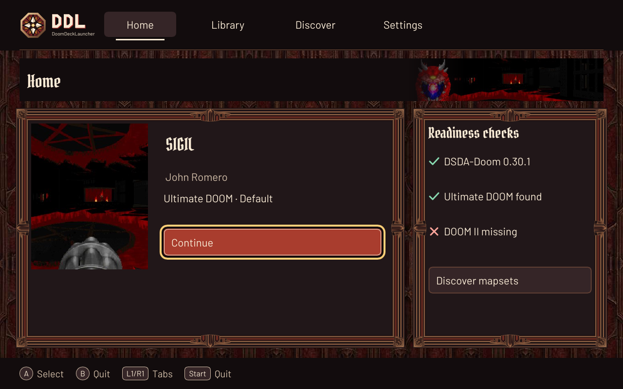 Home view with recently played mapsets and controller navigation.