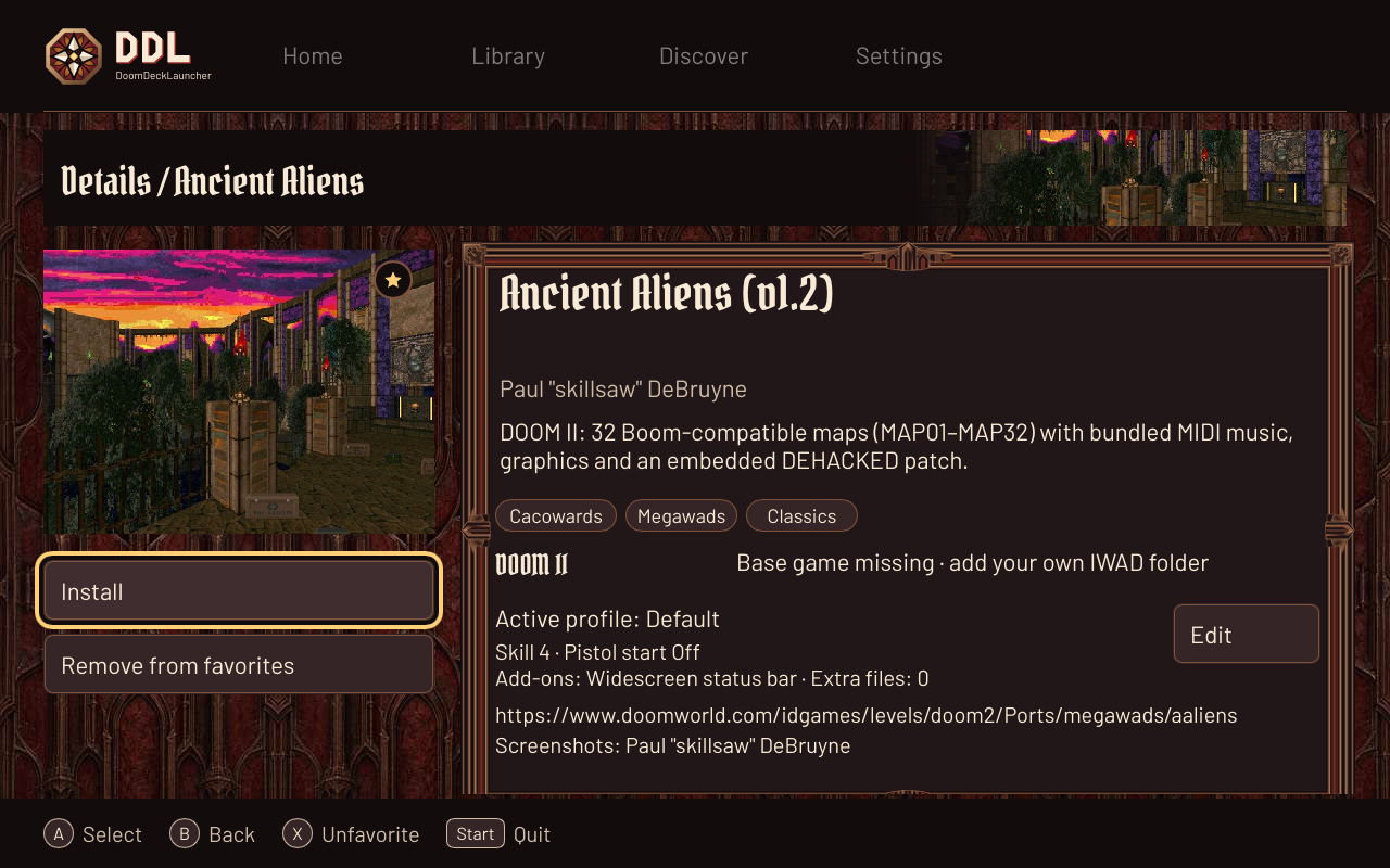 Mapset detail with author, description, base game requirement, tags and favorite.