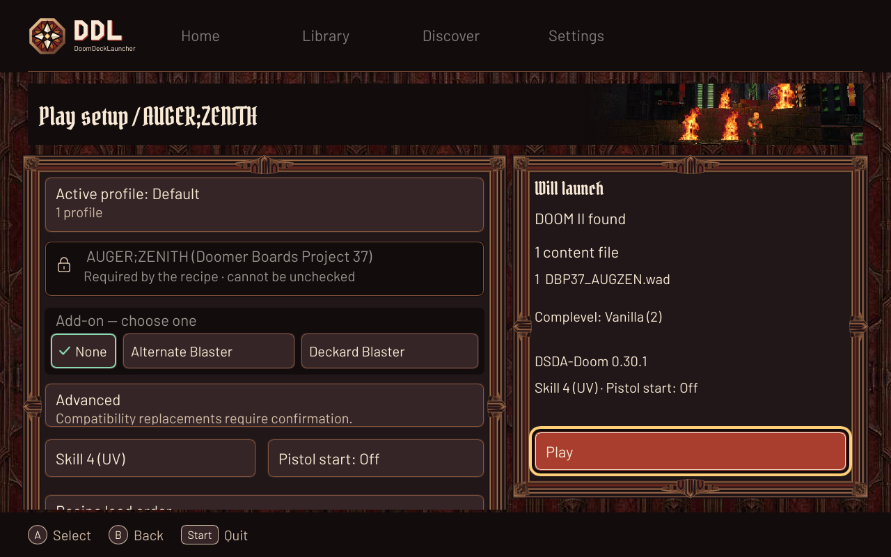 Play setup with optional components, skill, pistol start and content load order.